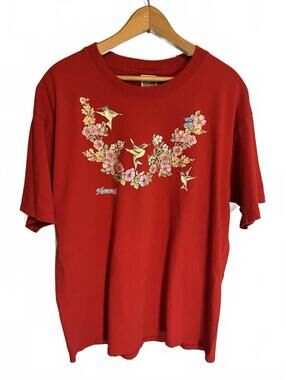 Vintage Hawaiian Hibiscus Hummingbird Cotton T-shirt Red Large Tropical Cottage